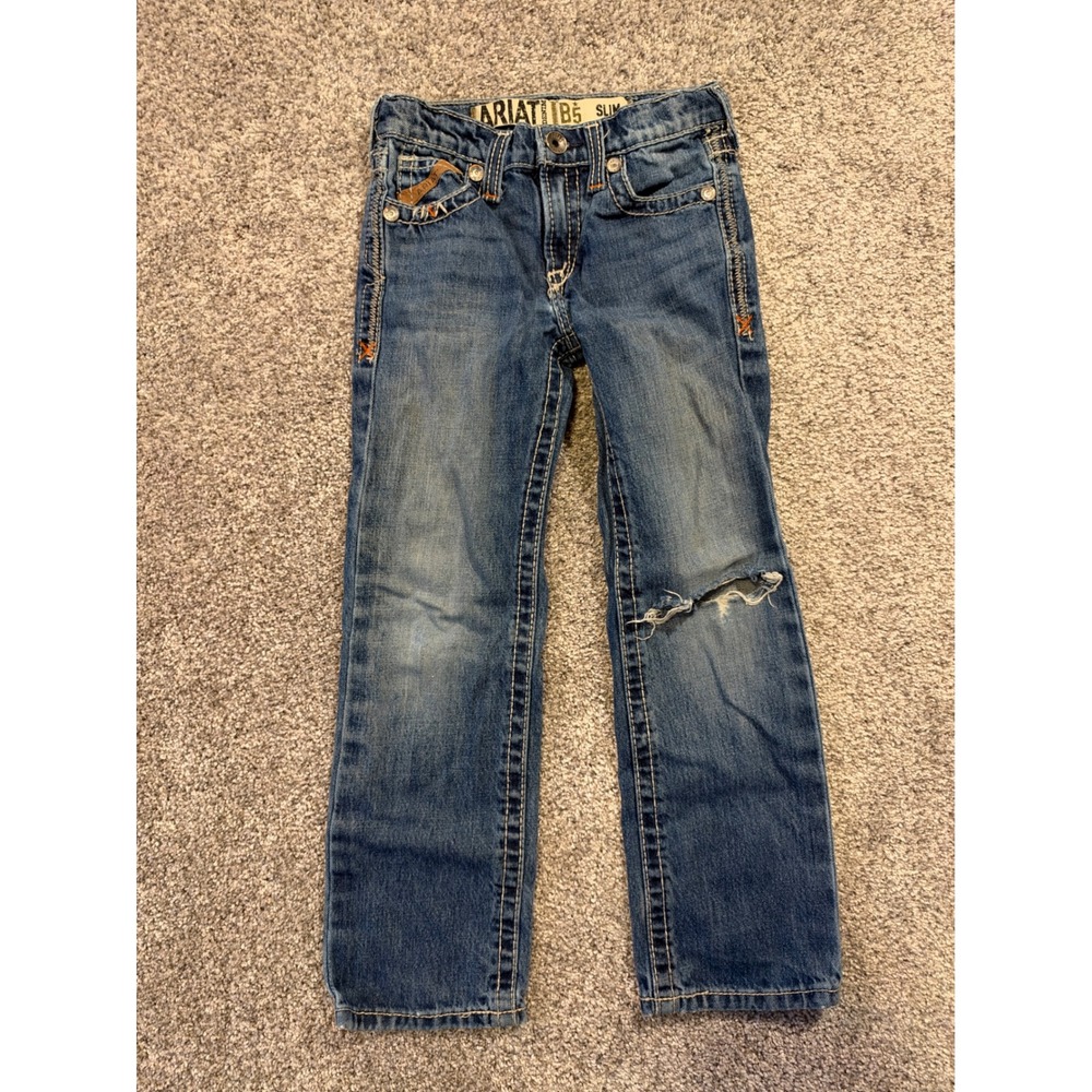 Ariat Jeans Boys 8 Blue B5 Slim Straight Leg Western Contrast Stitch Distressed*